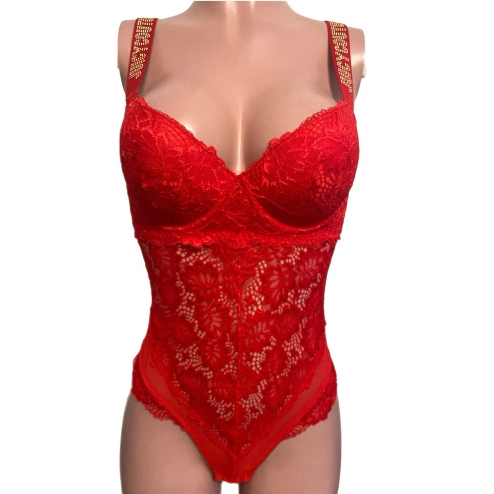 Juicy Couture Y2K Red Lace Bodysuit Underwire Lingerie Studded Logo Straps Sz L